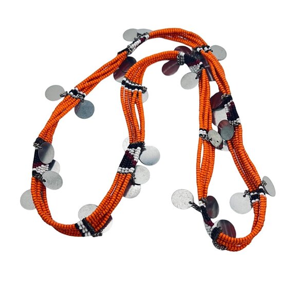 Multi Strand Orange, Black & White Seed Bead Necklace W/Dangling Circles (5468) - Picture 6 of 7
